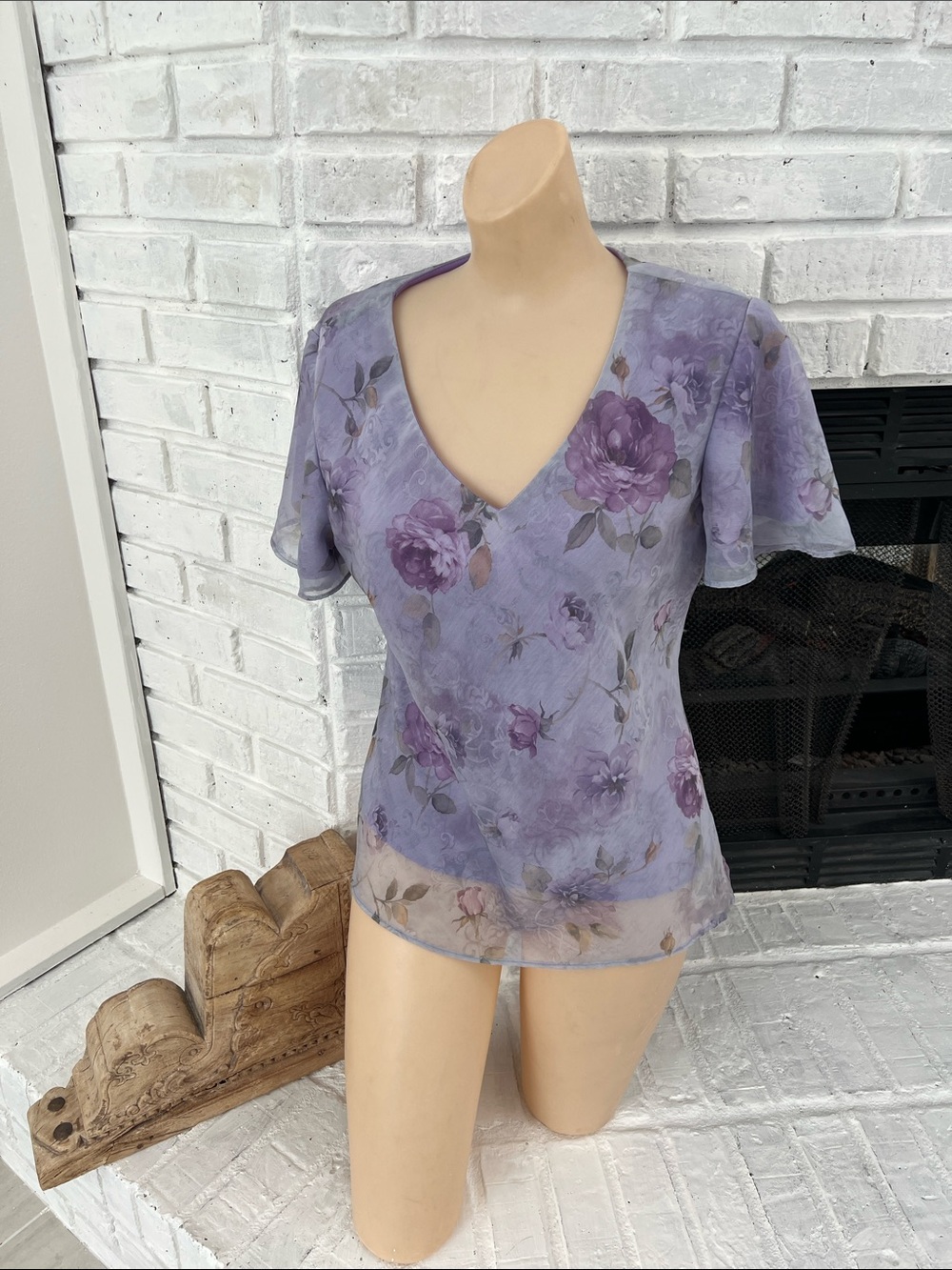 R&M Richards Lavender Floral V-Neck Sheer Blouse